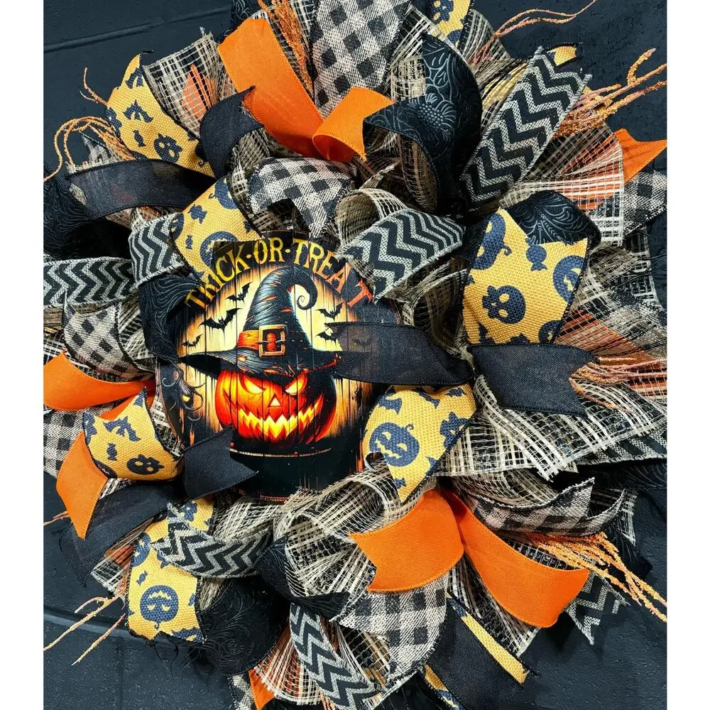 Halloween Wreath For Front Door Spooky Pumpkin Orange and Black Handmade 26 in